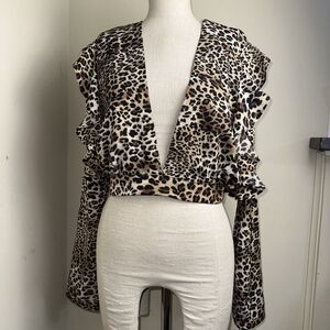 Glamorous Top Women’s Blouse Leopard Print Chiffon Ruffle Front Retro Sz 12